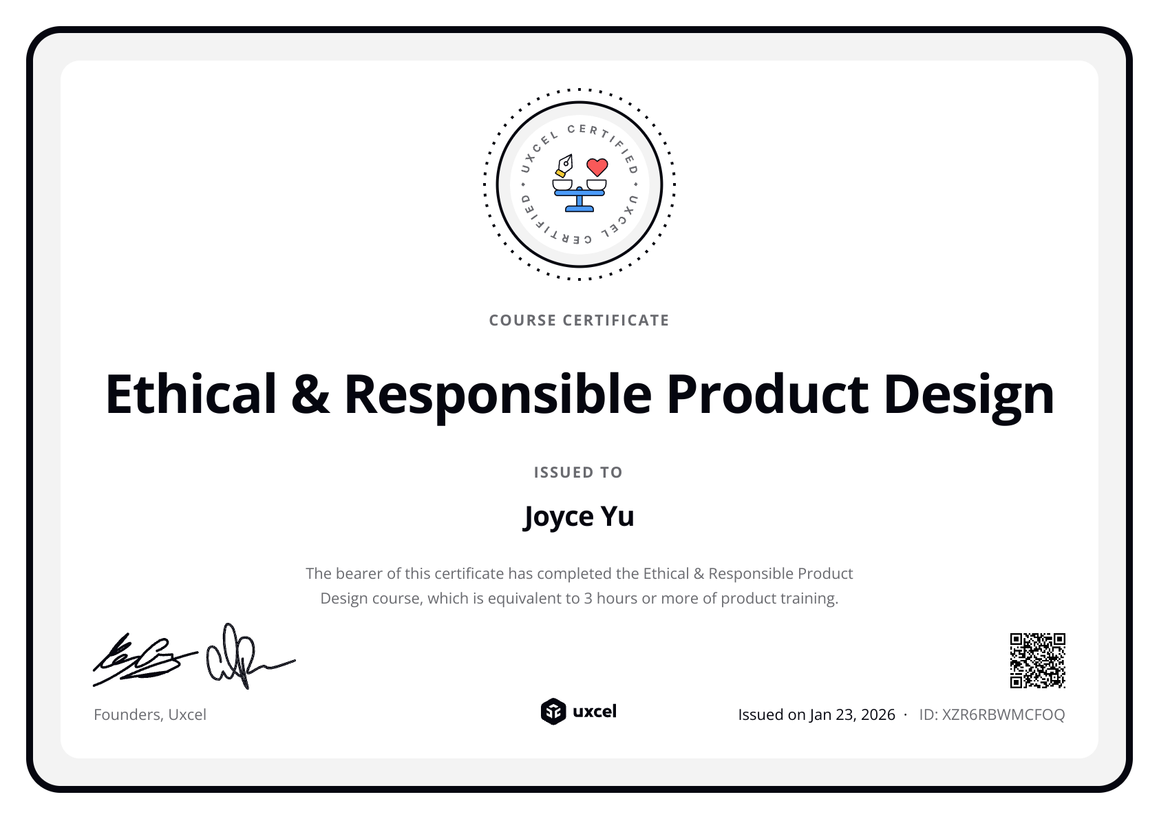 Joyce Yu's certificate